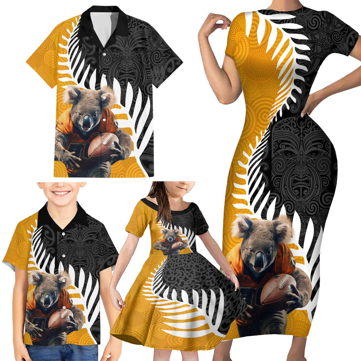 New Zealand and Australia Rugby Family Matching Short Sleeve Bodycon Dress and Hawaiian Shirt Koala and Maori Warrior Together LT03 - Polynesian Pride