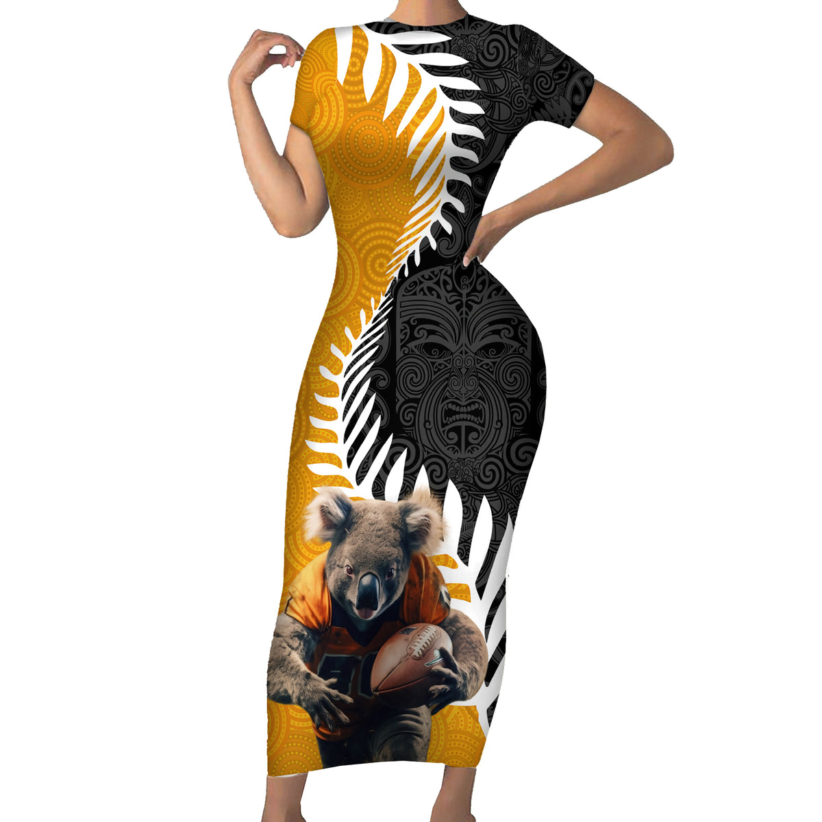 New Zealand and Australia Rugby Family Matching Short Sleeve Bodycon Dress and Hawaiian Shirt Koala and Maori Warrior Together LT03 Mom's Dress Black - Polynesian Pride