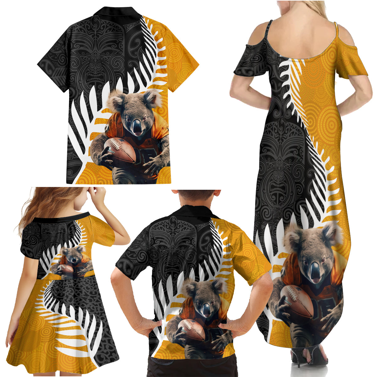 New Zealand and Australia Rugby Family Matching Summer Maxi Dress and Hawaiian Shirt Koala and Maori Warrior Together LT03 - Polynesian Pride