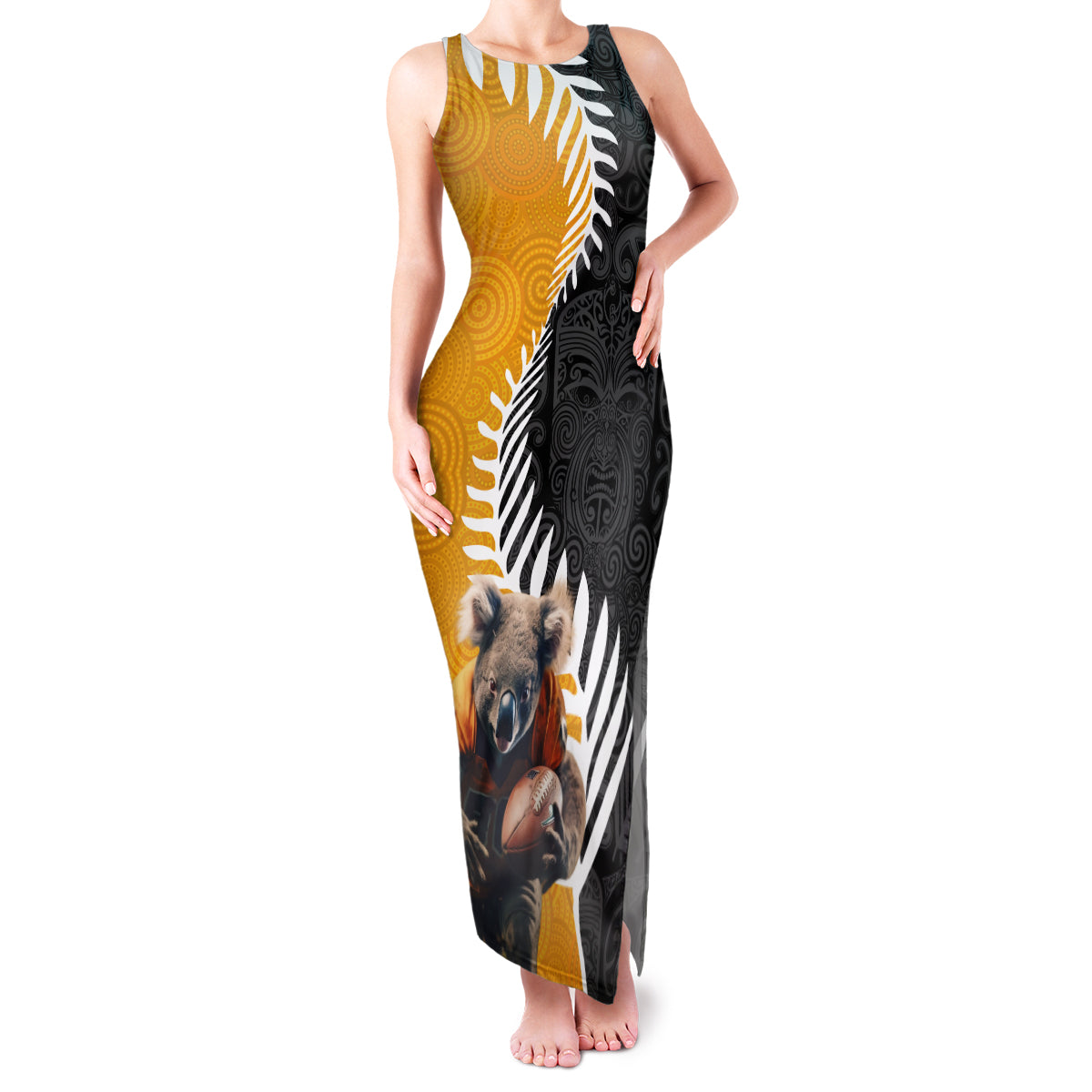 New Zealand and Australia Rugby Family Matching Tank Maxi Dress and Hawaiian Shirt Koala and Maori Warrior Together LT03 Mom's Dress Black - Polynesian Pride
