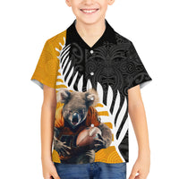 New Zealand and Australia Rugby Family Matching Tank Maxi Dress and Hawaiian Shirt Koala and Maori Warrior Together LT03 Son's Shirt Black - Polynesian Pride