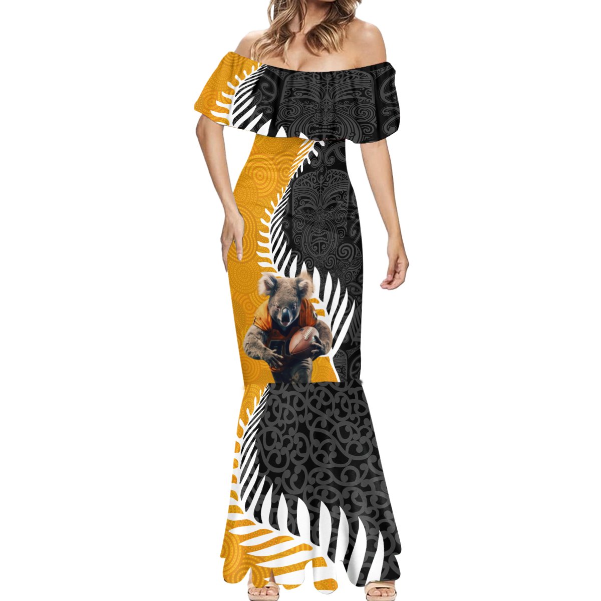 New Zealand and Australia Rugby Mermaid Dress Koala and Maori Warrior Together