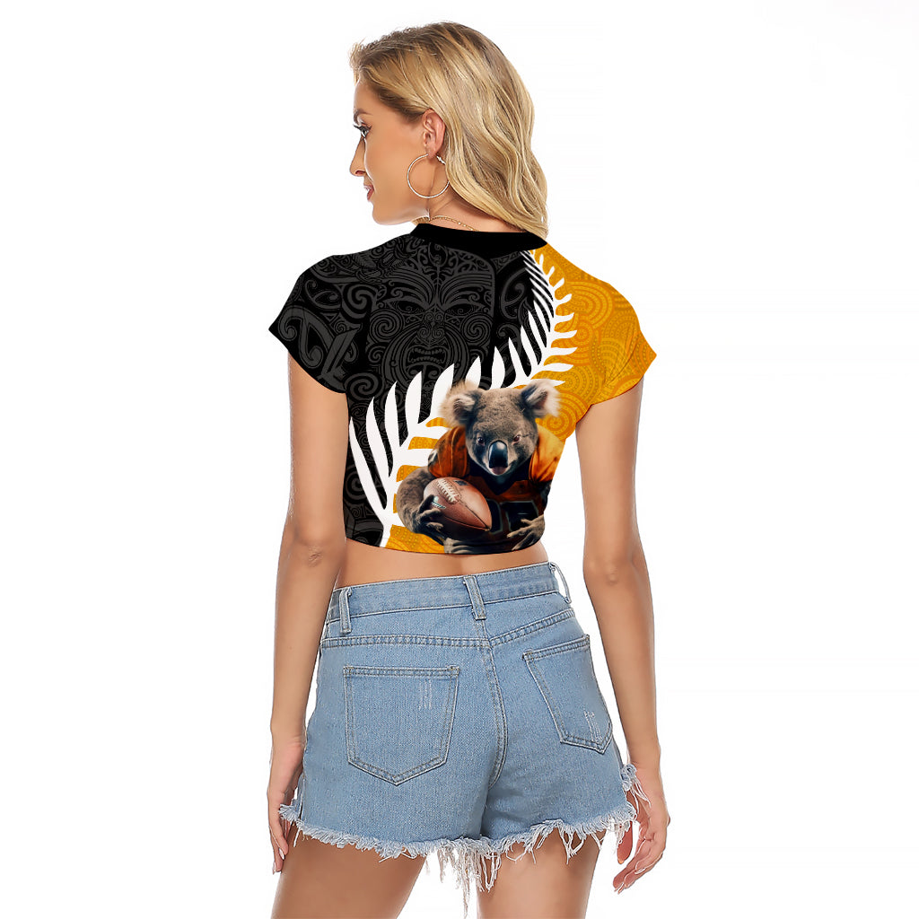 New Zealand and Australia Rugby Raglan Cropped T Shirt Koala and Maori Warrior Together