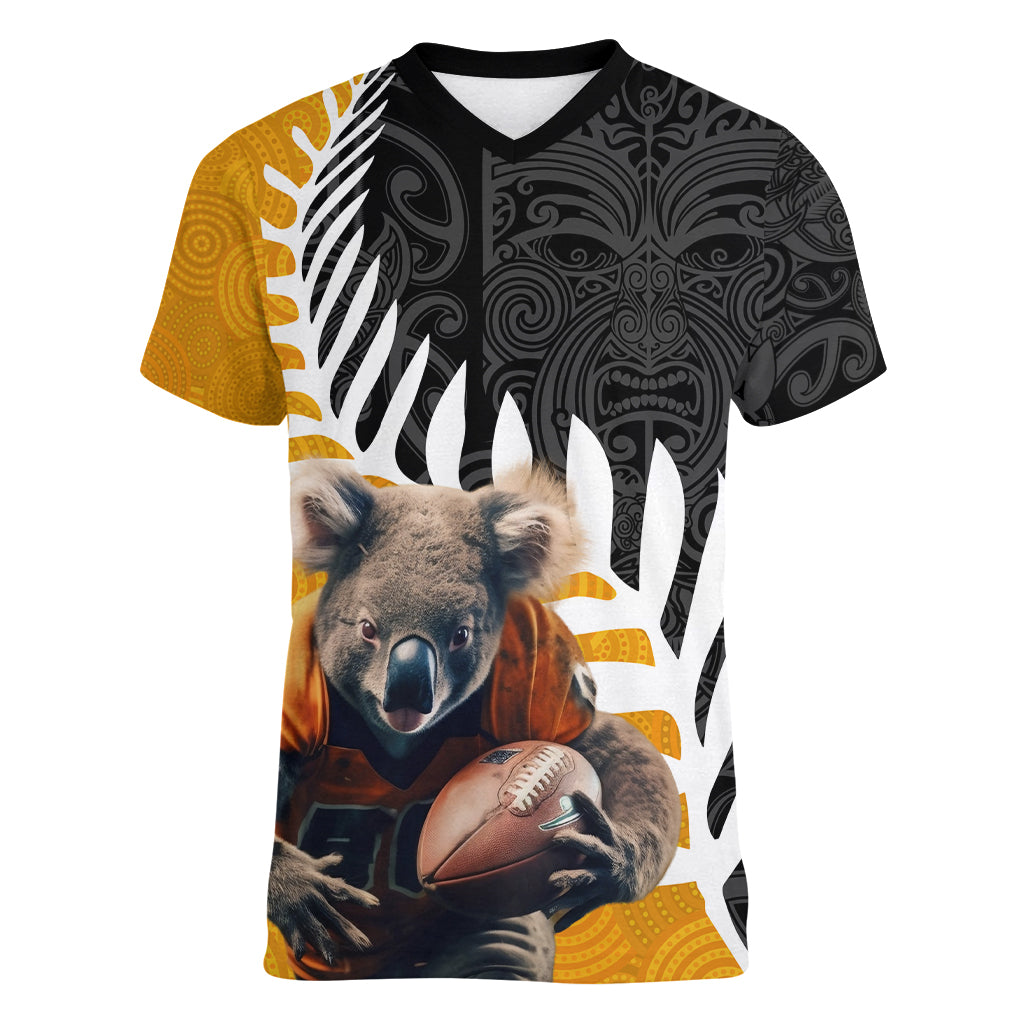 New Zealand and Australia Rugby Women V-Neck T-Shirt Koala and Maori Warrior Together