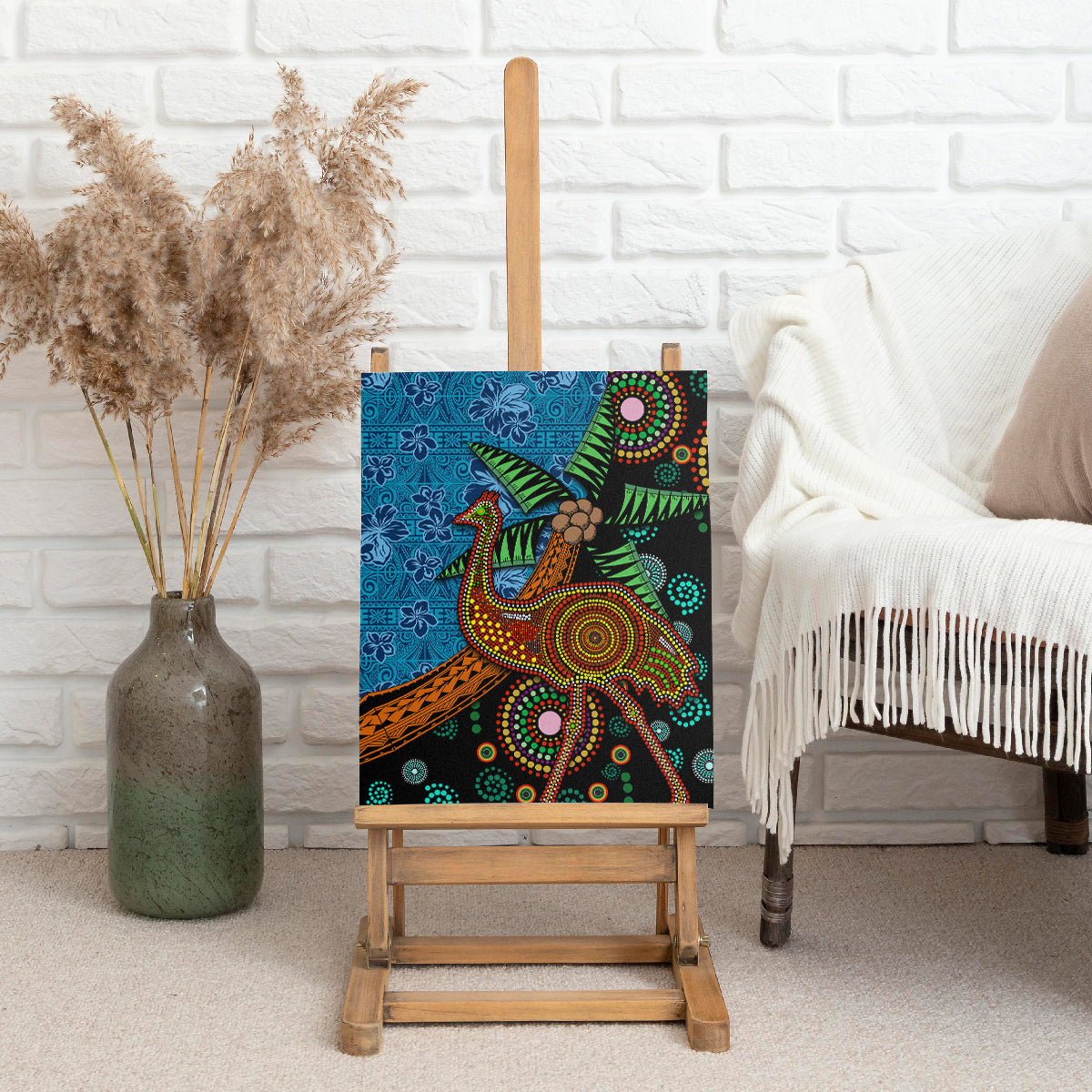Fiji and Australia Canvas Wall Art Palm Tree and Abogirinal Emu