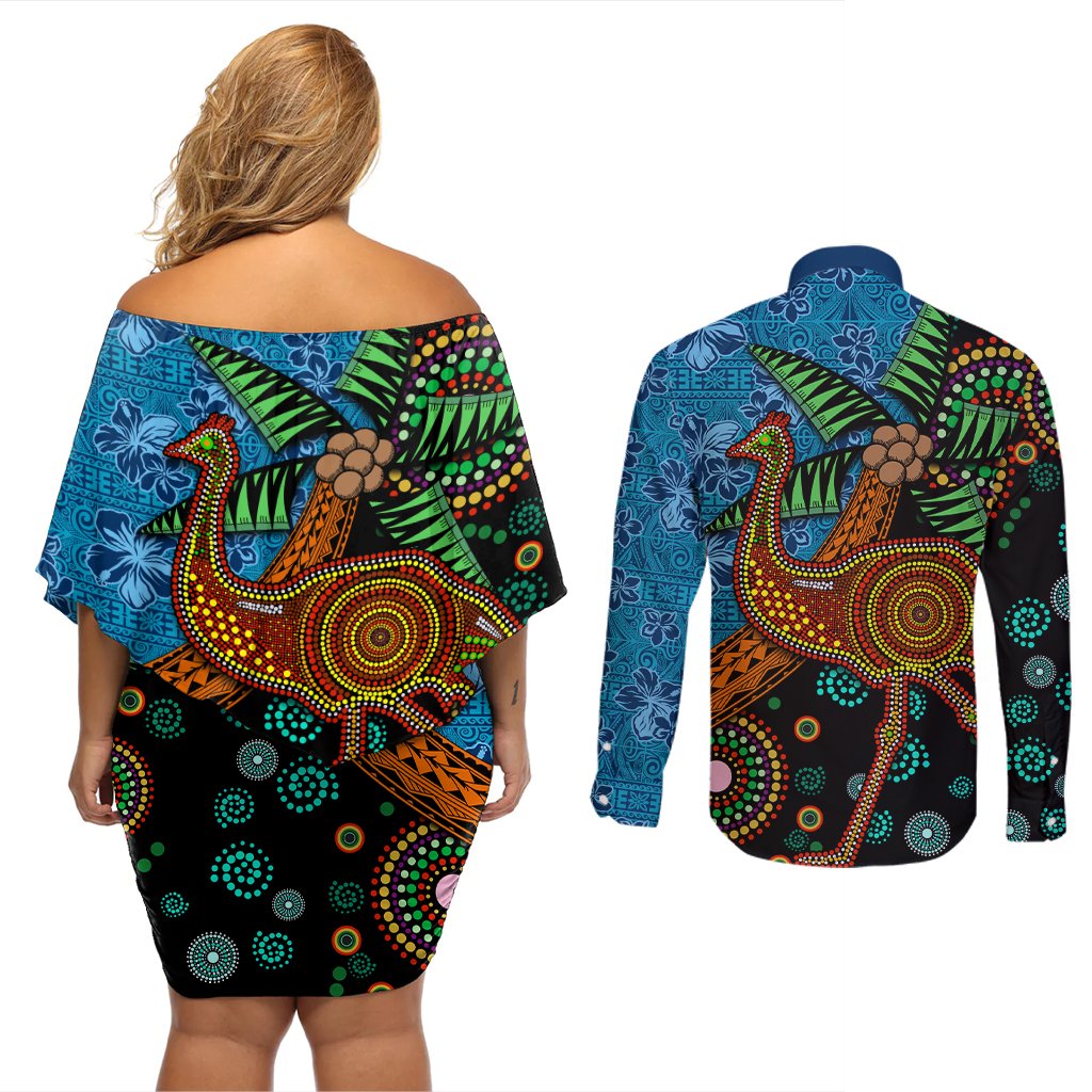 Fiji and Australia Couples Matching Off Shoulder Short Dress and Long Sleeve Button Shirt Palm Tree and Abogirinal Emu
