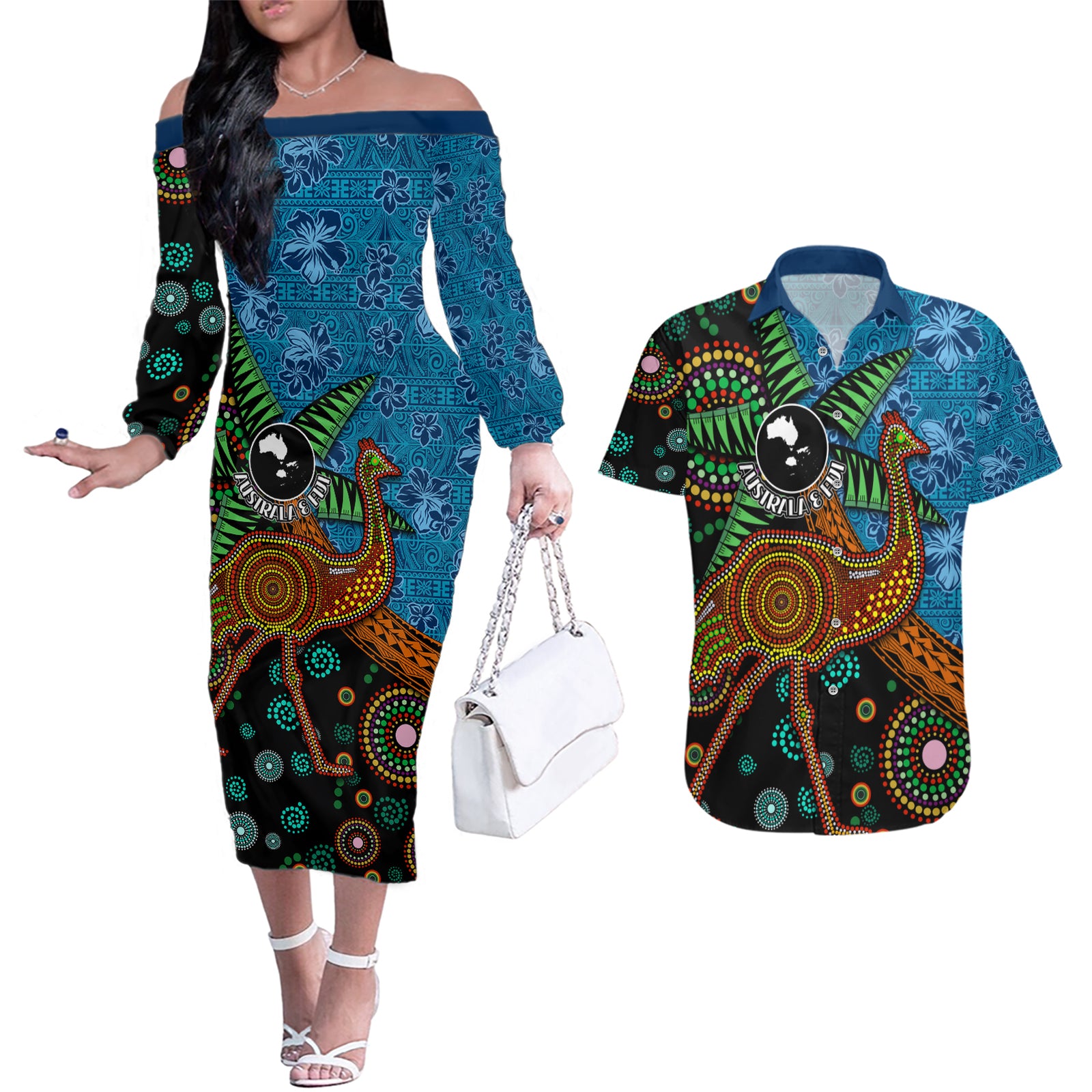 Fiji and Australia Couples Matching Off The Shoulder Long Sleeve Dress and Hawaiian Shirt Palm Tree and Abogirinal Emu