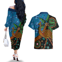 Fiji and Australia Couples Matching Off The Shoulder Long Sleeve Dress and Hawaiian Shirt Palm Tree and Abogirinal Emu