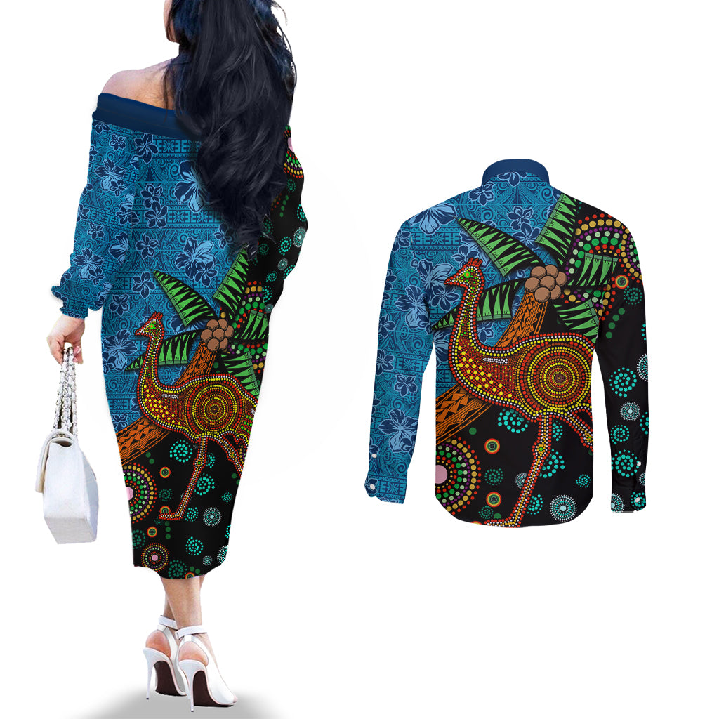 Fiji and Australia Couples Matching Off The Shoulder Long Sleeve Dress and Long Sleeve Button Shirt Palm Tree and Abogirinal Emu