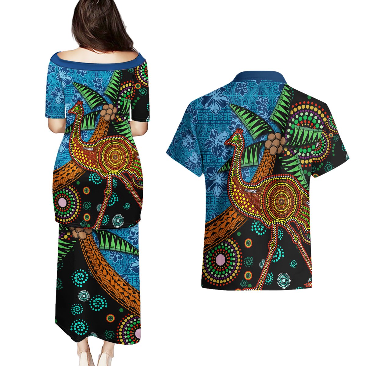 Fiji and Australia Couples Matching Puletasi and Hawaiian Shirt Palm Tree and Abogirinal Emu