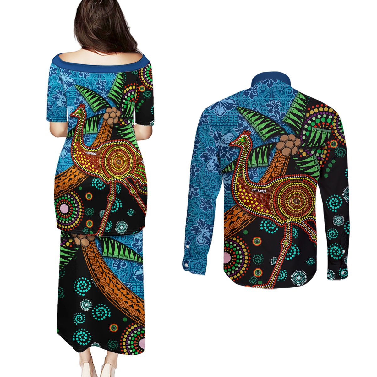 Fiji and Australia Couples Matching Puletasi and Long Sleeve Button Shirt Palm Tree and Abogirinal Emu