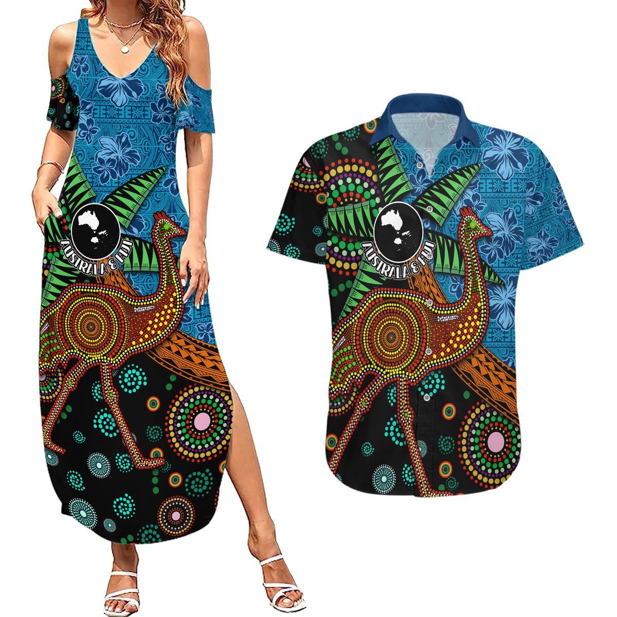 Fiji and Australia Couples Matching Summer Maxi Dress and Hawaiian Shirt Palm Tree and Abogirinal Emu