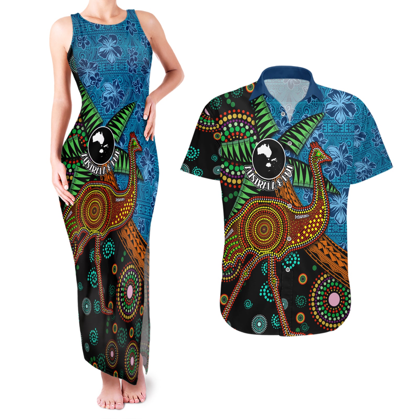 Fiji and Australia Couples Matching Tank Maxi Dress and Hawaiian Shirt Palm Tree and Abogirinal Emu