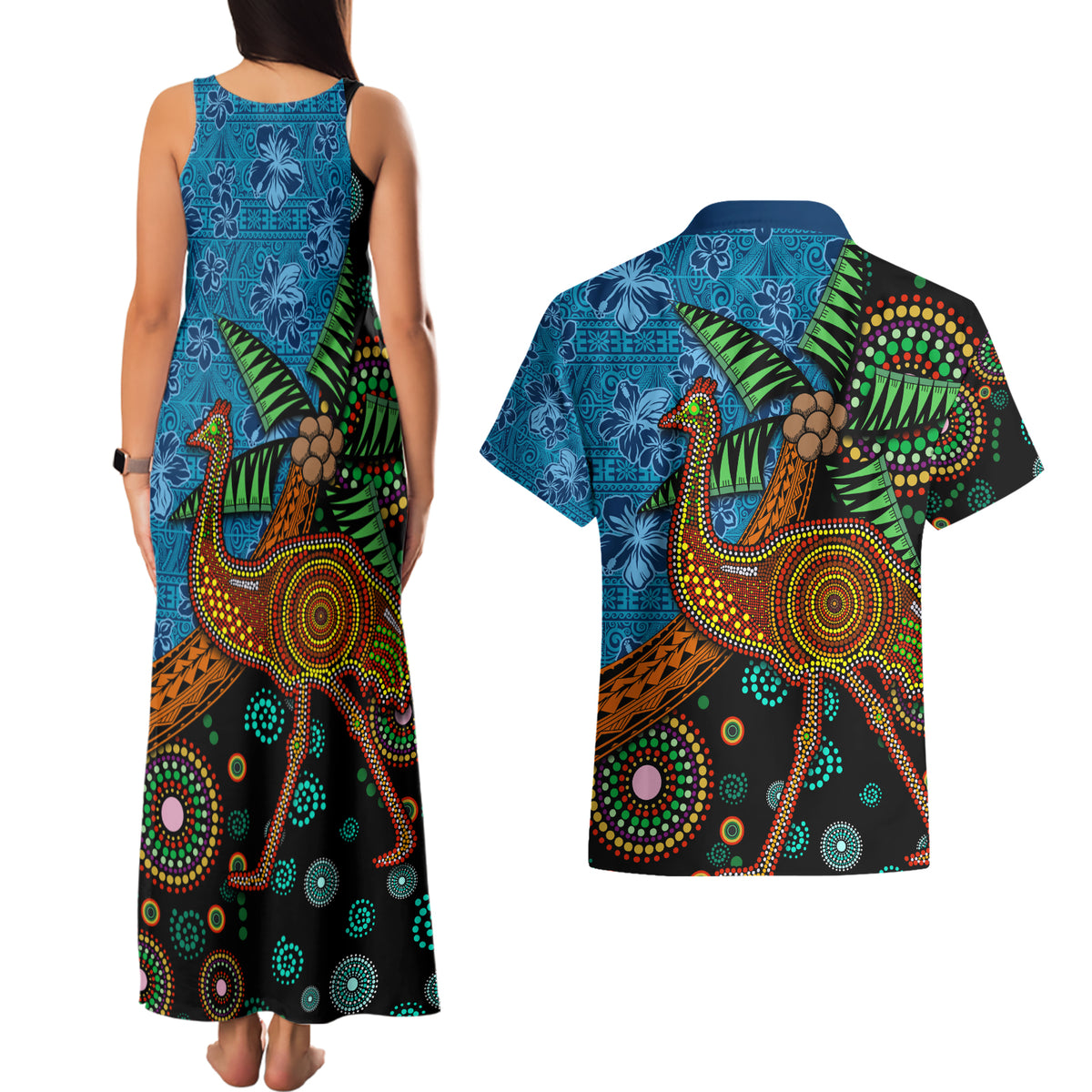 Fiji and Australia Couples Matching Tank Maxi Dress and Hawaiian Shirt Palm Tree and Abogirinal Emu