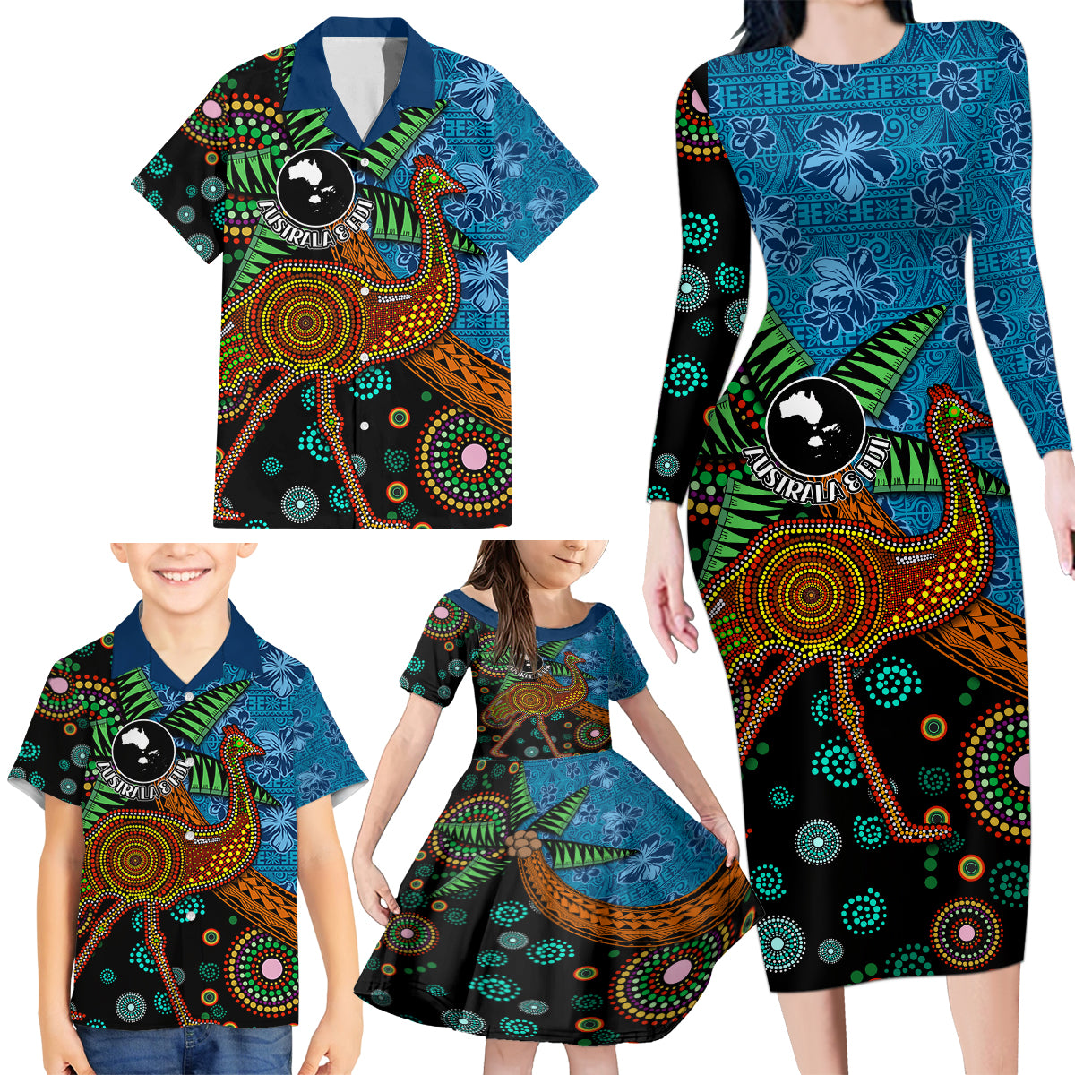 Fiji and Australia Family Matching Long Sleeve Bodycon Dress and Hawaiian Shirt Palm Tree and Abogirinal Emu LT03 - Polynesian Pride