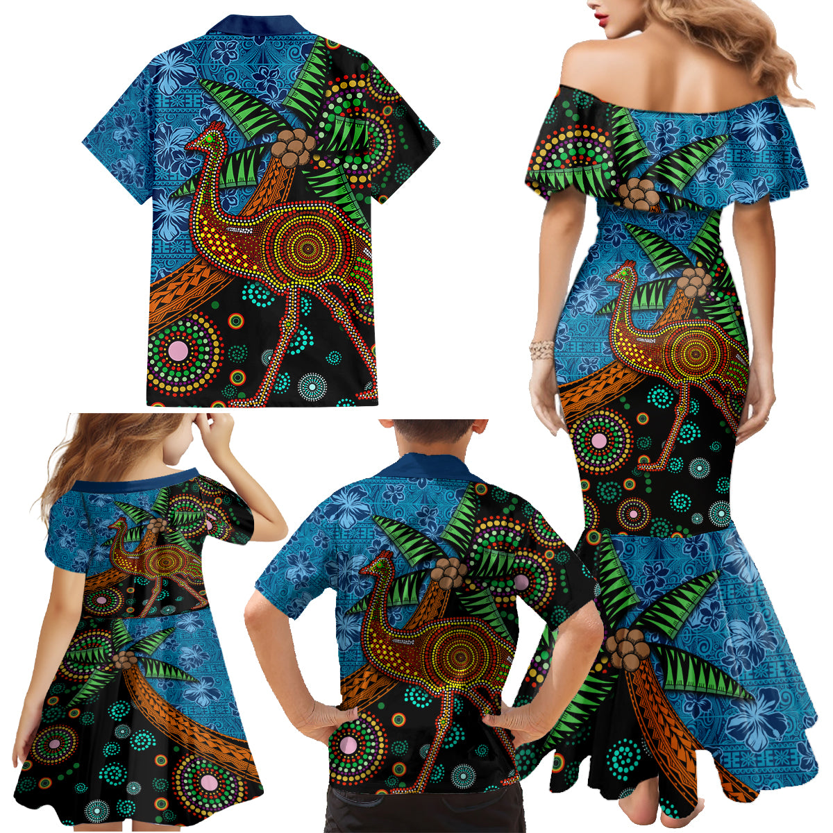 Fiji and Australia Family Matching Mermaid Dress and Hawaiian Shirt Palm Tree and Abogirinal Emu