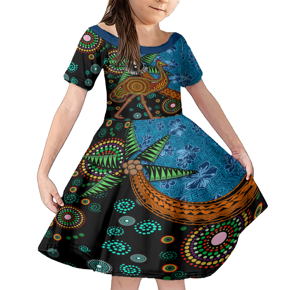 Fiji and Australia Family Matching Off The Shoulder Long Sleeve Dress and Hawaiian Shirt Palm Tree and Abogirinal Emu LT03 Daughter's Dress Blue - Polynesian Pride