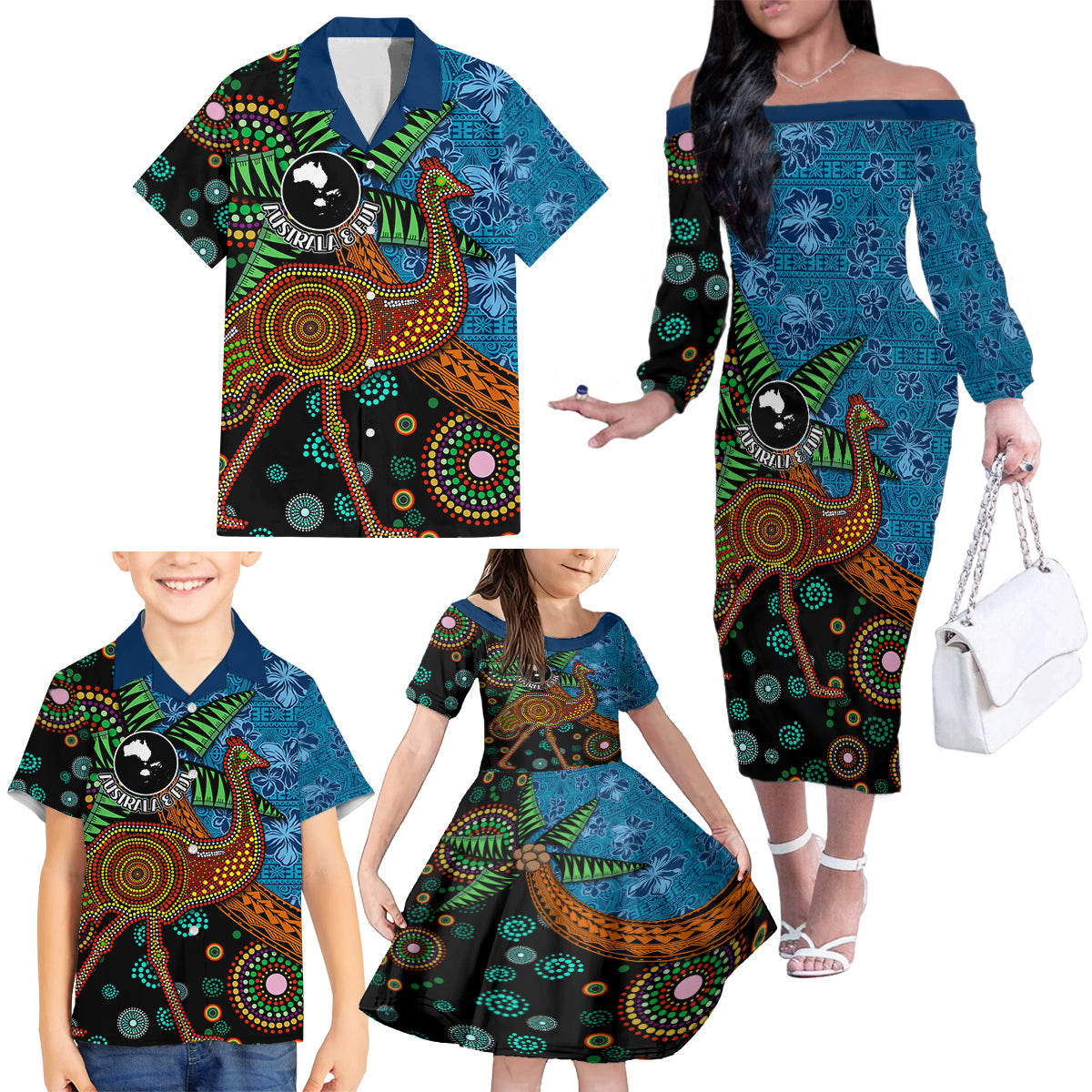Fiji and Australia Family Matching Off The Shoulder Long Sleeve Dress and Hawaiian Shirt Palm Tree and Abogirinal Emu LT03 - Polynesian Pride