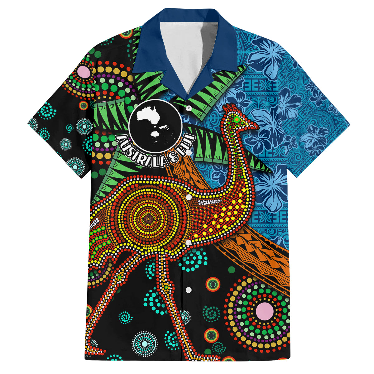 Fiji and Australia Family Matching Off The Shoulder Long Sleeve Dress and Hawaiian Shirt Palm Tree and Abogirinal Emu LT03 Dad's Shirt - Short Sleeve Blue - Polynesian Pride