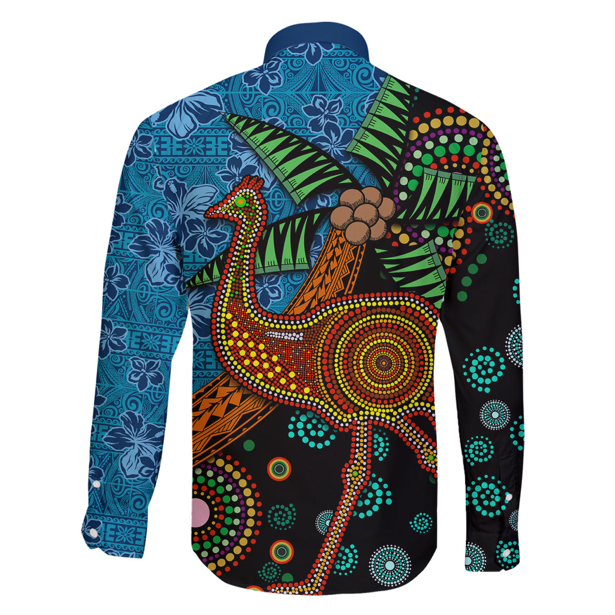 Fiji and Australia Family Matching Off The Shoulder Long Sleeve Dress and Hawaiian Shirt Palm Tree and Abogirinal Emu LT03 - Polynesian Pride