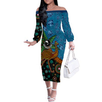 Fiji and Australia Family Matching Off The Shoulder Long Sleeve Dress and Hawaiian Shirt Palm Tree and Abogirinal Emu LT03 Mom's Dress Blue - Polynesian Pride