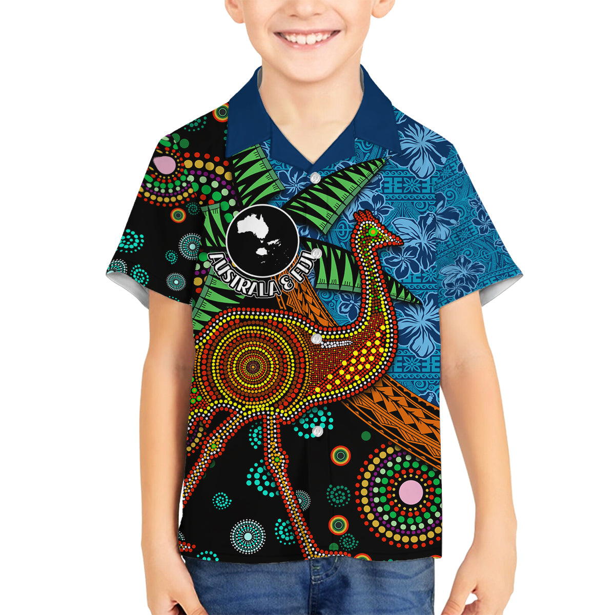 Fiji and Australia Family Matching Off The Shoulder Long Sleeve Dress and Hawaiian Shirt Palm Tree and Abogirinal Emu LT03 Son's Shirt Blue - Polynesian Pride