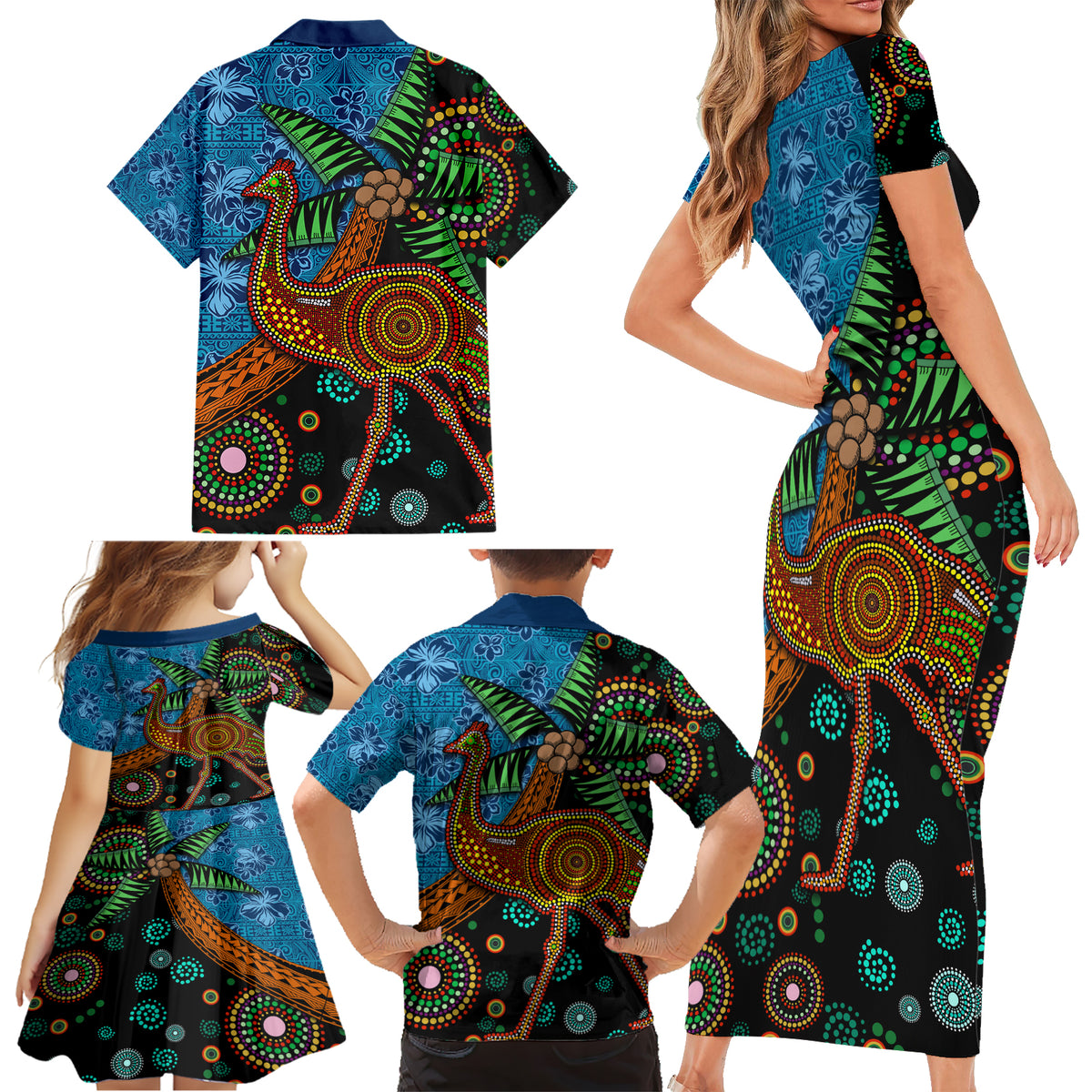 Fiji and Australia Family Matching Short Sleeve Bodycon Dress and Hawaiian Shirt Palm Tree and Abogirinal Emu LT03 - Polynesian Pride