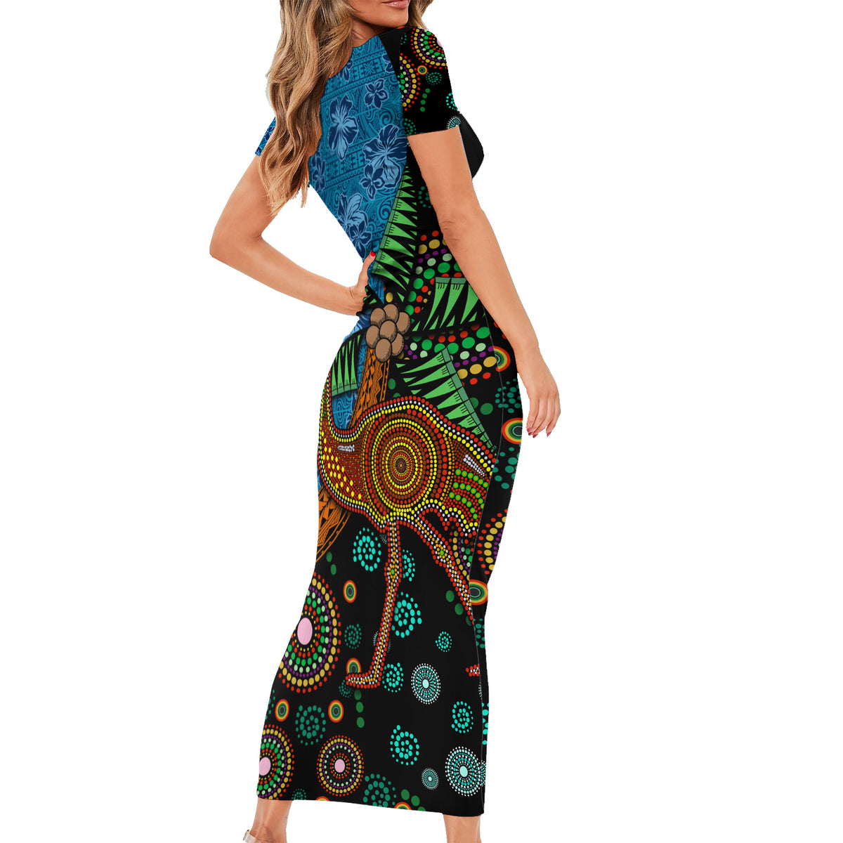 Fiji and Australia Family Matching Short Sleeve Bodycon Dress and Hawaiian Shirt Palm Tree and Abogirinal Emu LT03 - Polynesian Pride