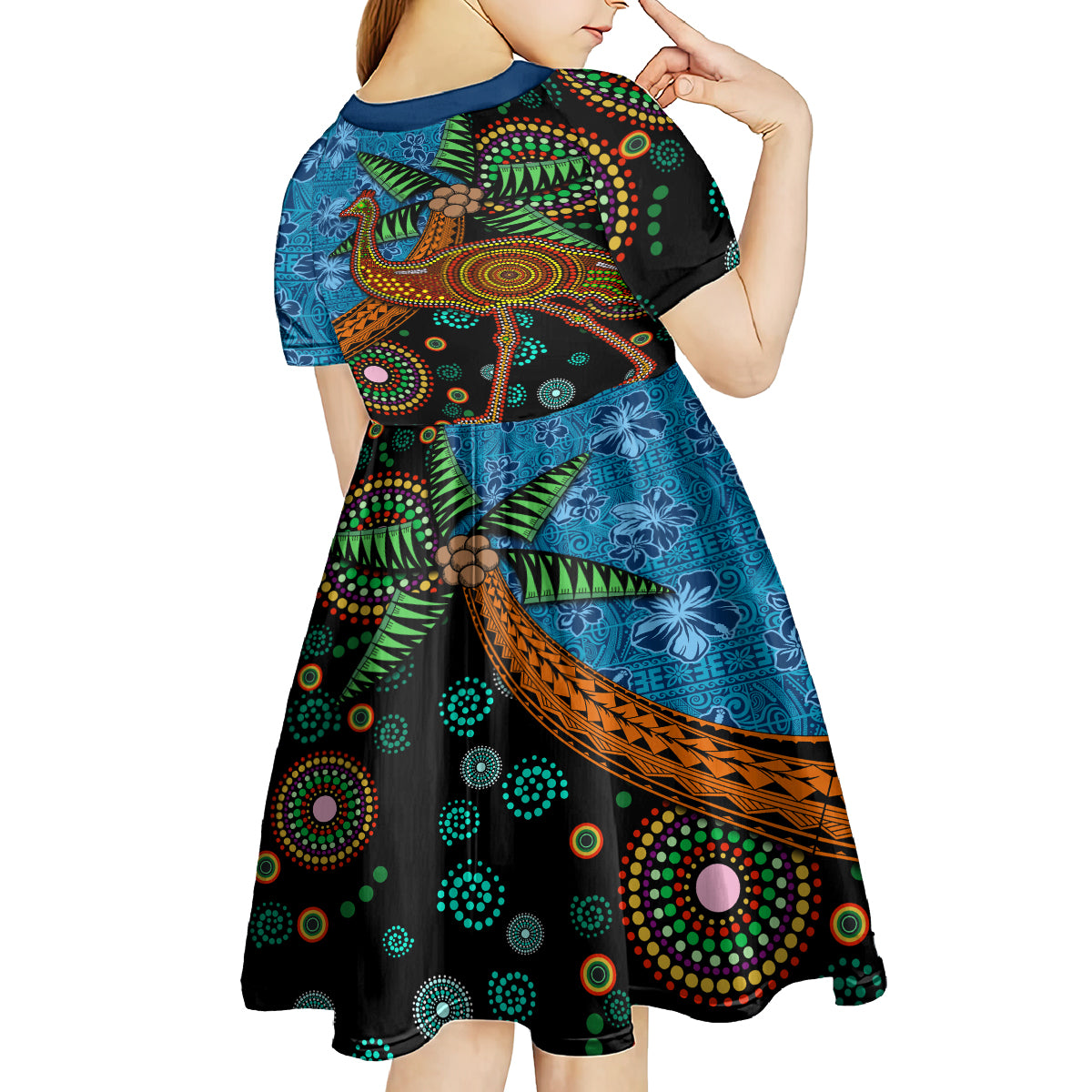 Fiji and Australia Kid Short Sleeve Dress Palm Tree and Abogirinal Emu
