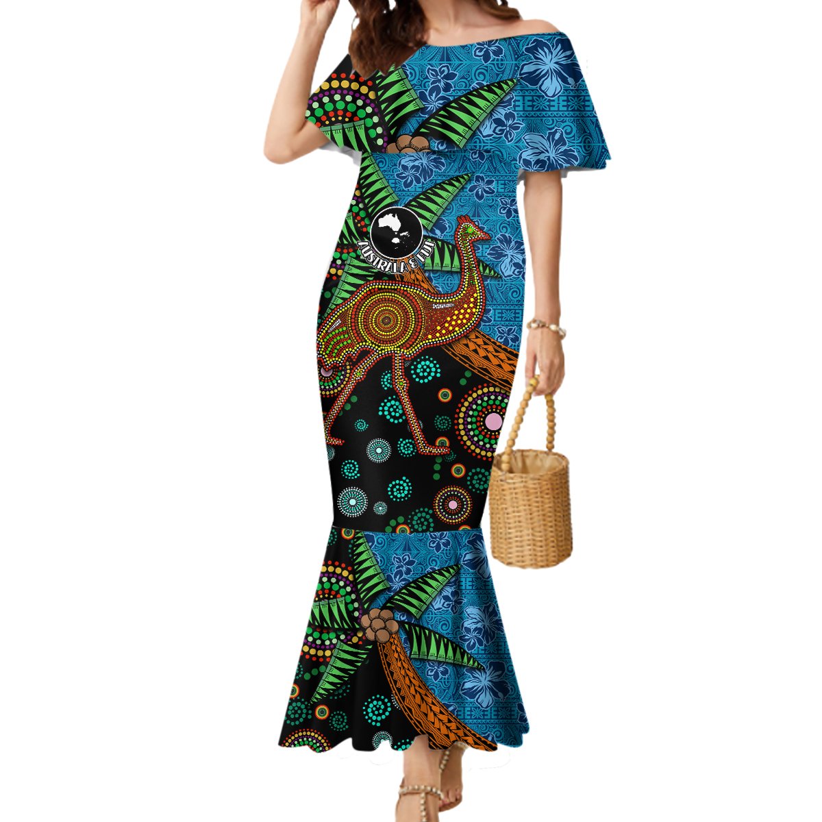Fiji and Australia Mermaid Dress Palm Tree and Abogirinal Emu