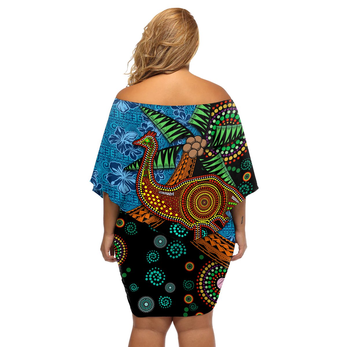 Fiji and Australia Off Shoulder Short Dress Palm Tree and Abogirinal Emu
