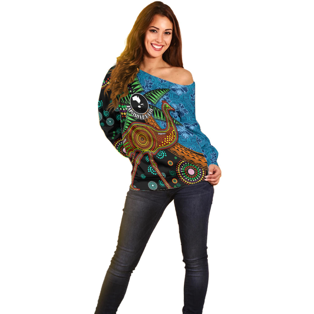 Fiji and Australia Off Shoulder Sweater Palm Tree and Abogirinal Emu
