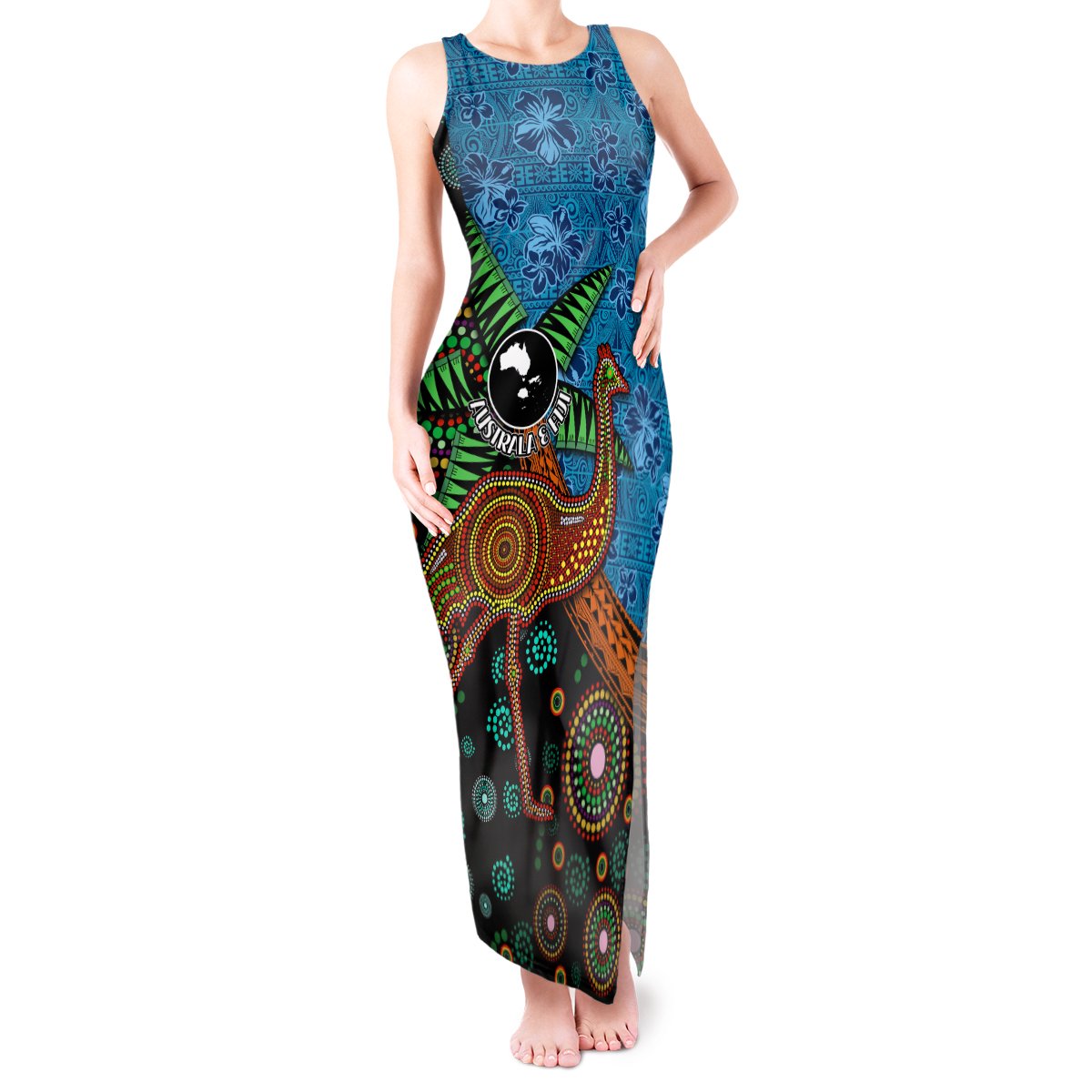 Fiji and Australia Tank Maxi Dress Palm Tree and Abogirinal Emu