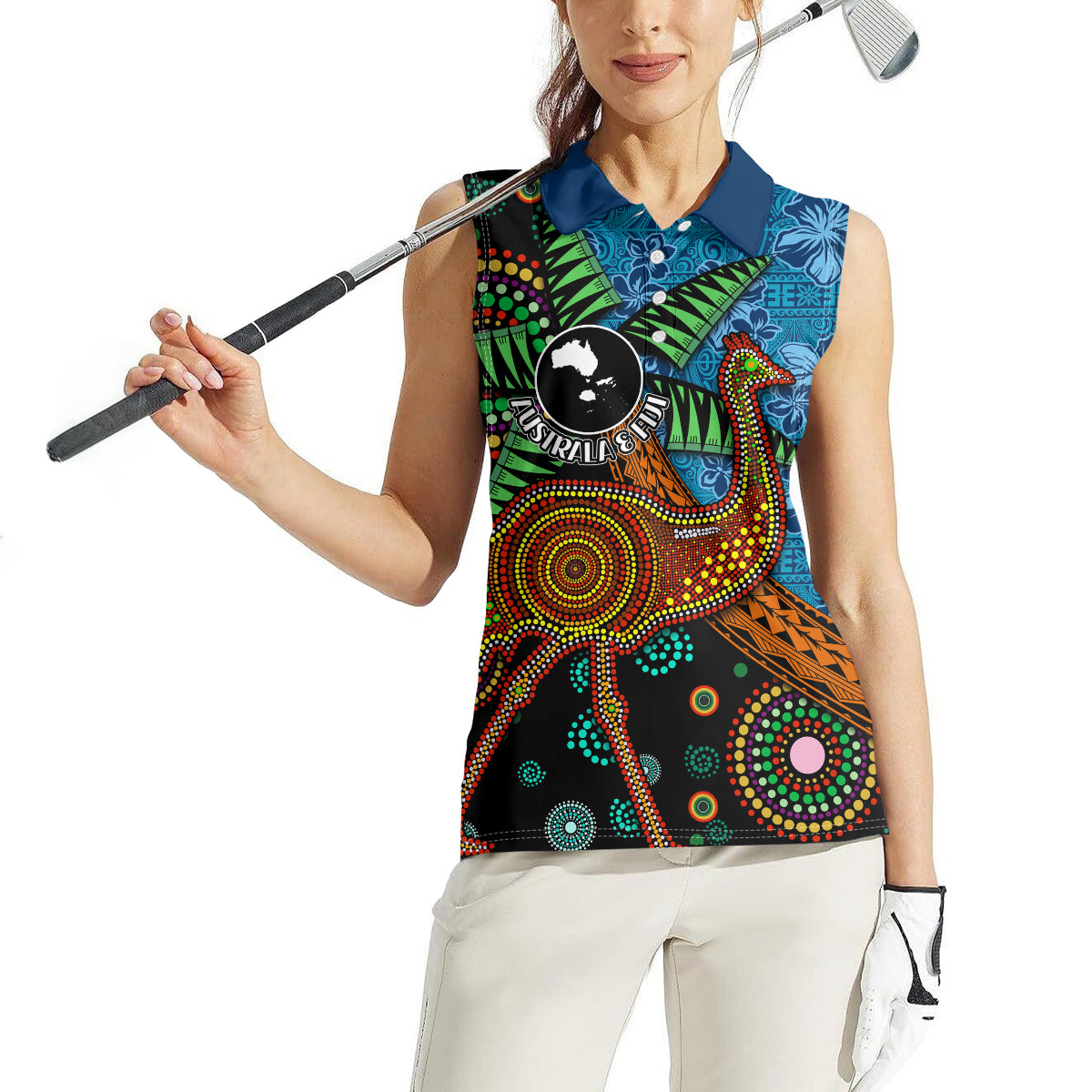 Fiji and Australia Women Sleeveless Polo Shirt Palm Tree and Abogirinal Emu