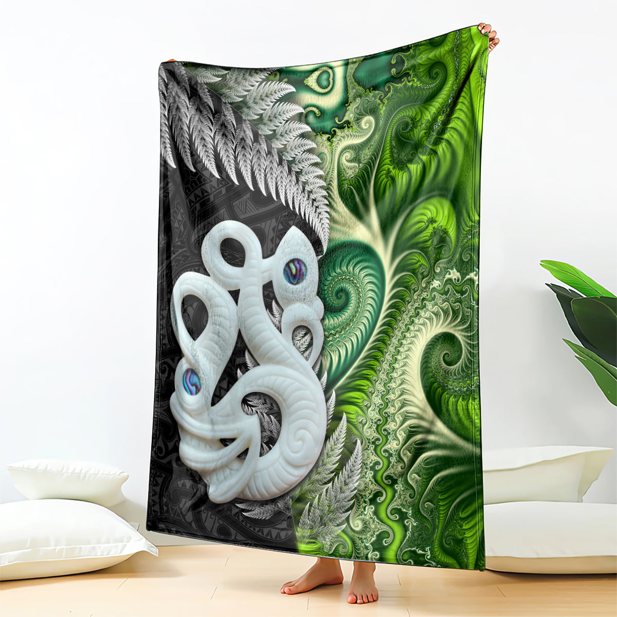 New Zealand Koru Natural Blanket Manaia and Silver Fern Maori Pattern LT03 - Polynesian Pride