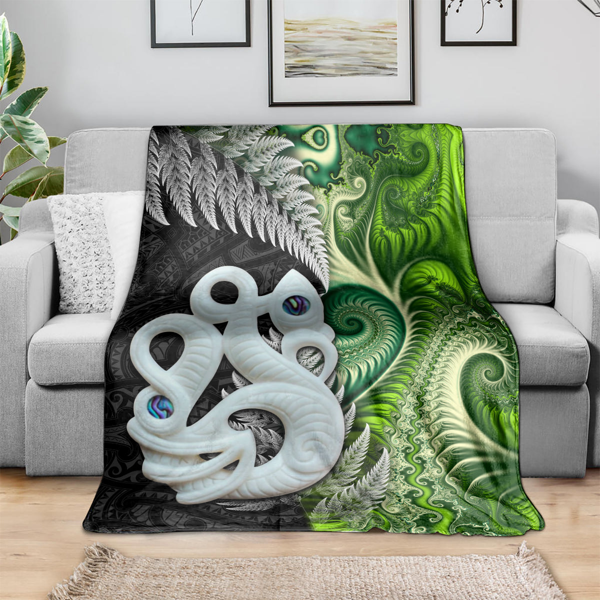 New Zealand Koru Natural Blanket Manaia and Silver Fern Maori Pattern LT03 - Polynesian Pride