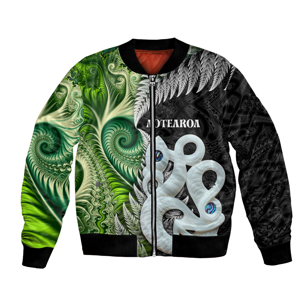 New Zealand Koru Natural Bomber Jacket Manaia and Silver Fern Maori Pattern LT03 Unisex Black - Polynesian Pride