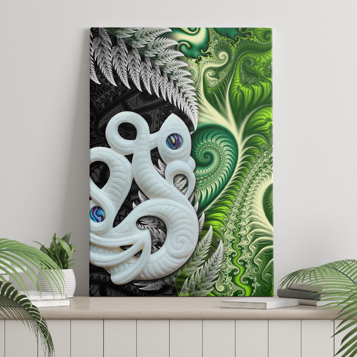 New Zealand Koru Natural Canvas Wall Art Manaia and Silver Fern Maori Pattern LT03 - Polynesian Pride