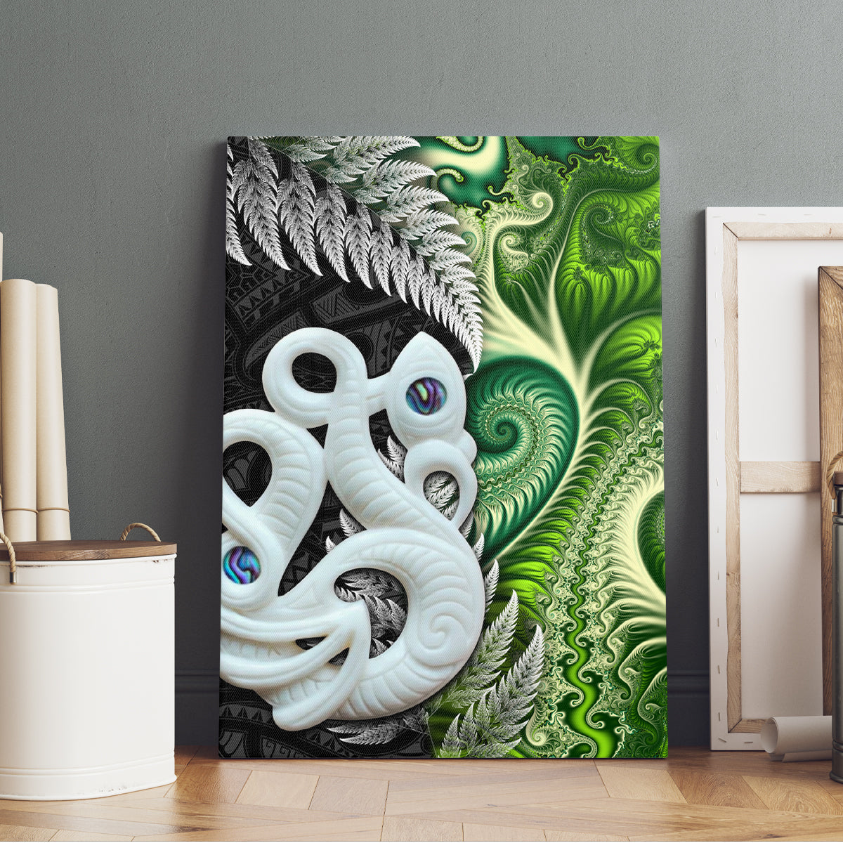 New Zealand Koru Natural Canvas Wall Art Manaia and Silver Fern Maori Pattern LT03 - Polynesian Pride