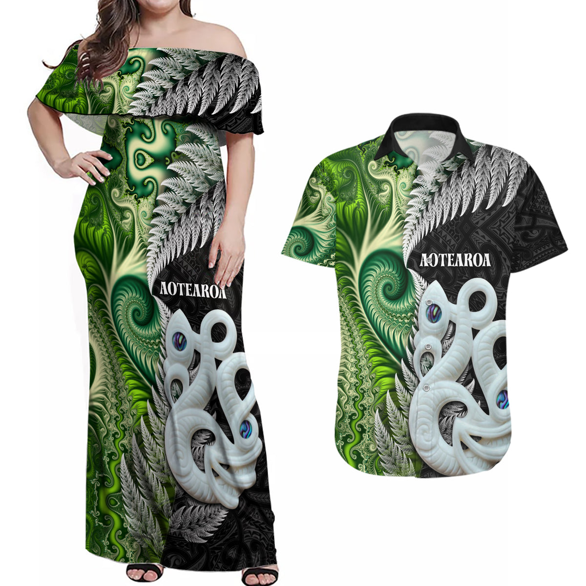 New Zealand Koru Natural Couples Matching Off Shoulder Maxi Dress and Hawaiian Shirt Manaia and Silver Fern Maori Pattern LT03 Black - Polynesian Pride