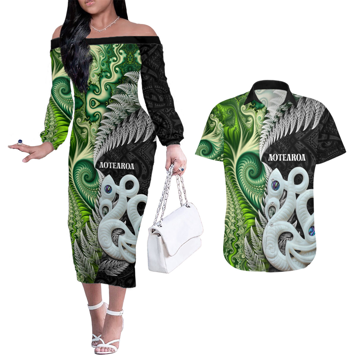 New Zealand Koru Natural Couples Matching Off The Shoulder Long Sleeve Dress and Hawaiian Shirt Manaia and Silver Fern Maori Pattern LT03 Black - Polynesian Pride