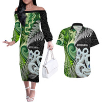 New Zealand Koru Natural Couples Matching Off The Shoulder Long Sleeve Dress and Hawaiian Shirt Manaia and Silver Fern Maori Pattern LT03 Black - Polynesian Pride
