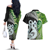New Zealand Koru Natural Couples Matching Off The Shoulder Long Sleeve Dress and Hawaiian Shirt Manaia and Silver Fern Maori Pattern LT03 - Polynesian Pride