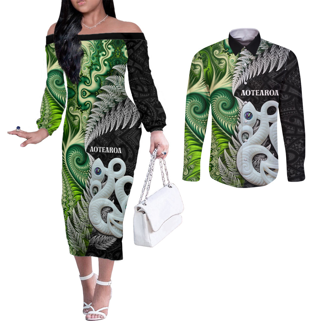 New Zealand Koru Natural Couples Matching Off The Shoulder Long Sleeve Dress and Long Sleeve Button Shirt Manaia and Silver Fern Maori Pattern LT03 Black - Polynesian Pride