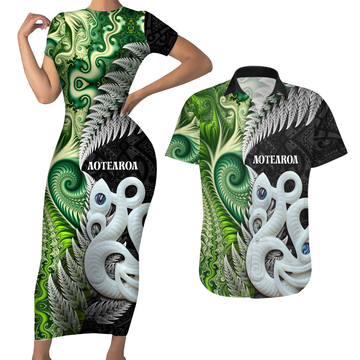 New Zealand Koru Natural Couples Matching Short Sleeve Bodycon Dress and Hawaiian Shirt Manaia and Silver Fern Maori Pattern LT03 Black - Polynesian Pride