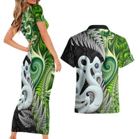 New Zealand Koru Natural Couples Matching Short Sleeve Bodycon Dress and Hawaiian Shirt Manaia and Silver Fern Maori Pattern LT03 - Polynesian Pride
