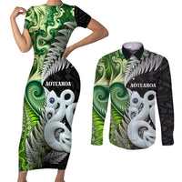 New Zealand Koru Natural Couples Matching Short Sleeve Bodycon Dress and Long Sleeve Button Shirt Manaia and Silver Fern Maori Pattern LT03 Black - Polynesian Pride