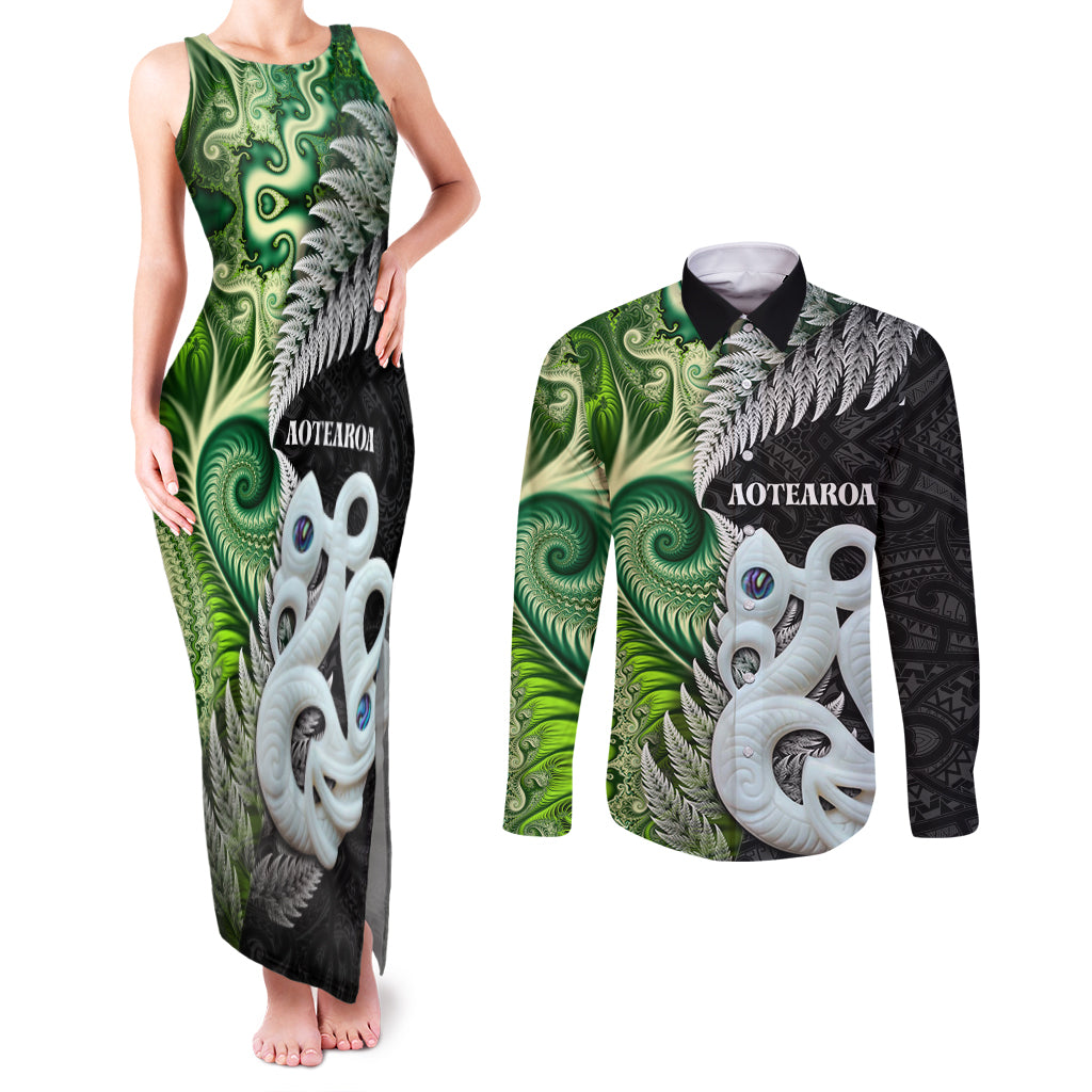 New Zealand Koru Natural Couples Matching Tank Maxi Dress and Long Sleeve Button Shirt Manaia and Silver Fern Maori Pattern