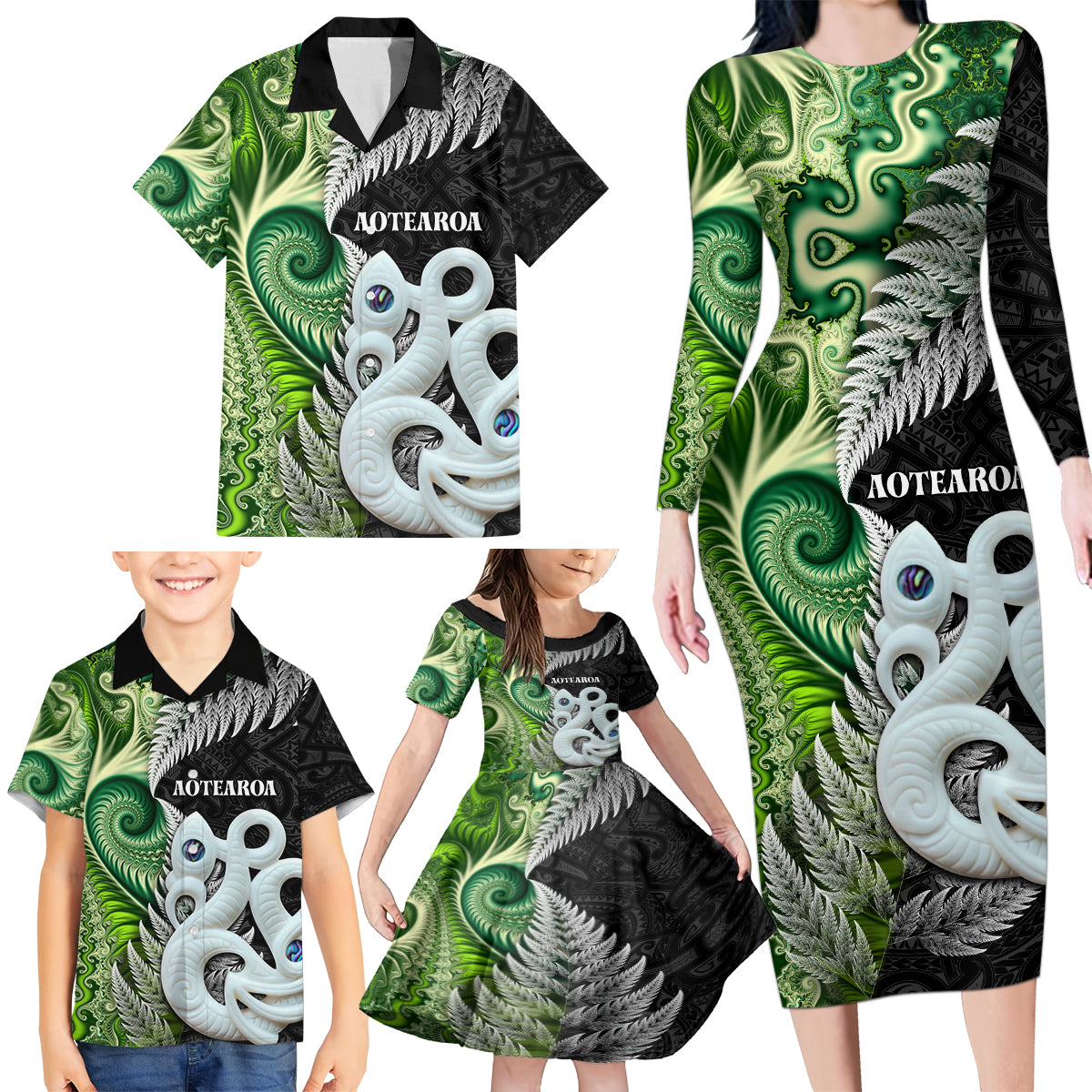 New Zealand Koru Natural Family Matching Long Sleeve Bodycon Dress and Hawaiian Shirt Manaia and Silver Fern Maori Pattern LT03 - Polynesian Pride