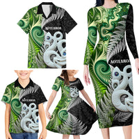 New Zealand Koru Natural Family Matching Long Sleeve Bodycon Dress and Hawaiian Shirt Manaia and Silver Fern Maori Pattern LT03 - Polynesian Pride